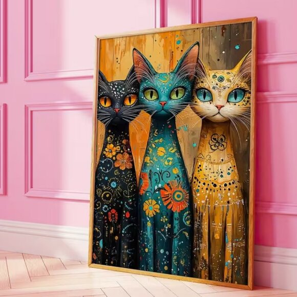 Cat Trio Long-Neck Cat Canvas Print Whimsical Unframed Floral & Folk Art Pattern - Picture 6 of 6